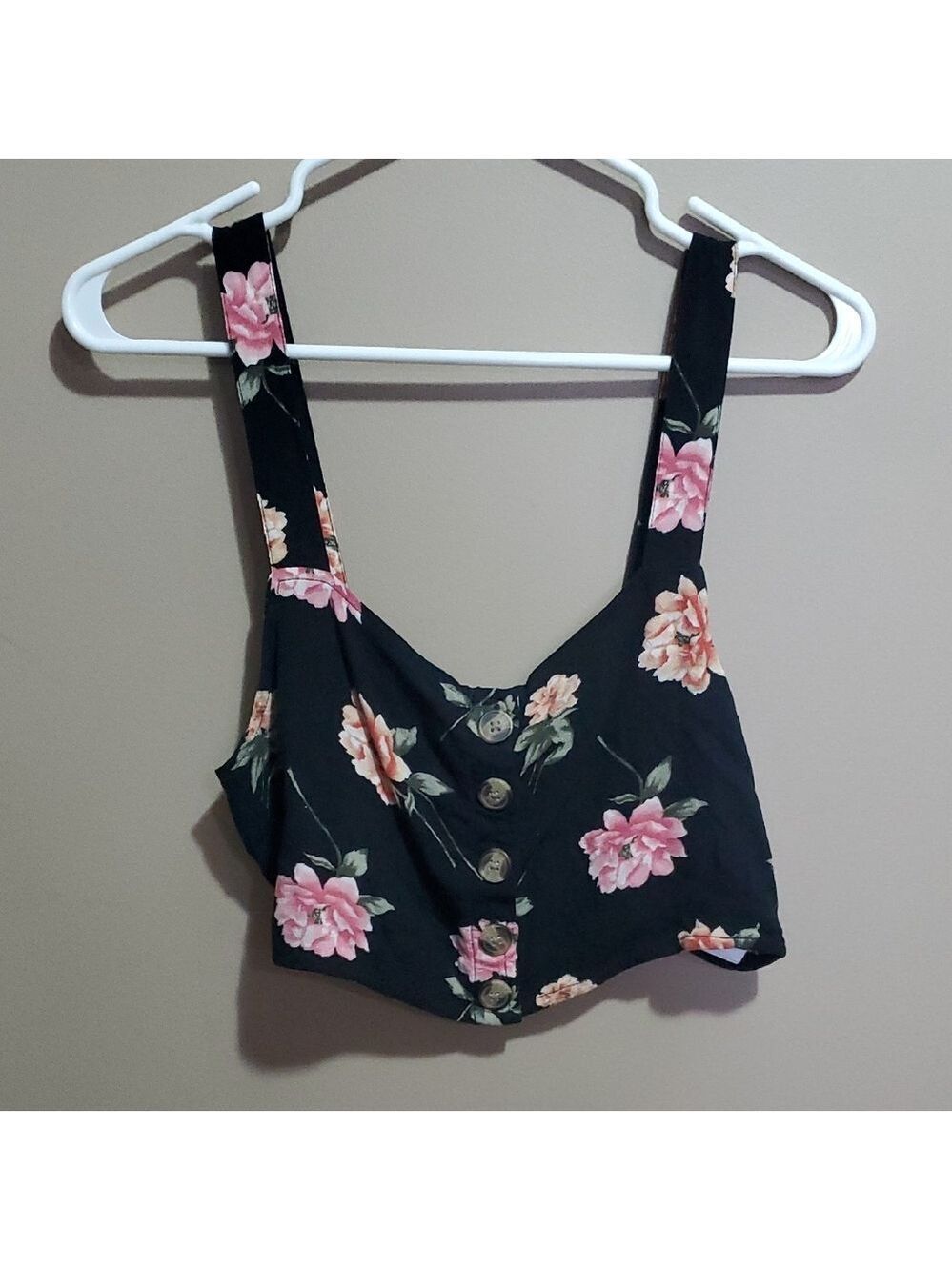 American Eagle Black Floral Crop Top Elastic Back Size Medium